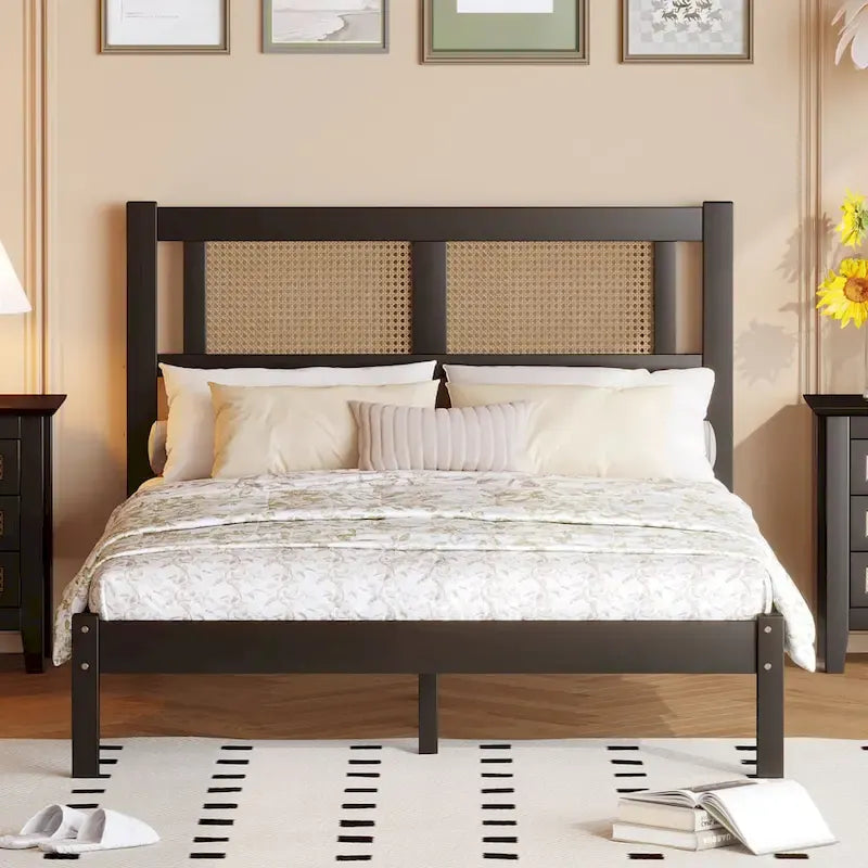 Modern Wooden Platform Bed with Natural Rattan Headboard