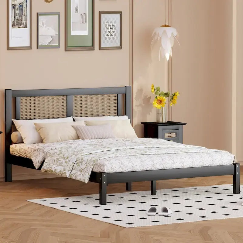 Modern Wooden Platform Bed with Natural Rattan Headboard