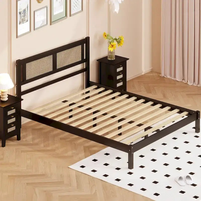 Modern Wooden Platform Bed with Natural Rattan Headboard