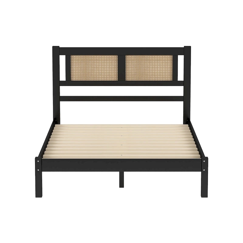 Modern Wooden Platform Bed with Natural Rattan Headboard