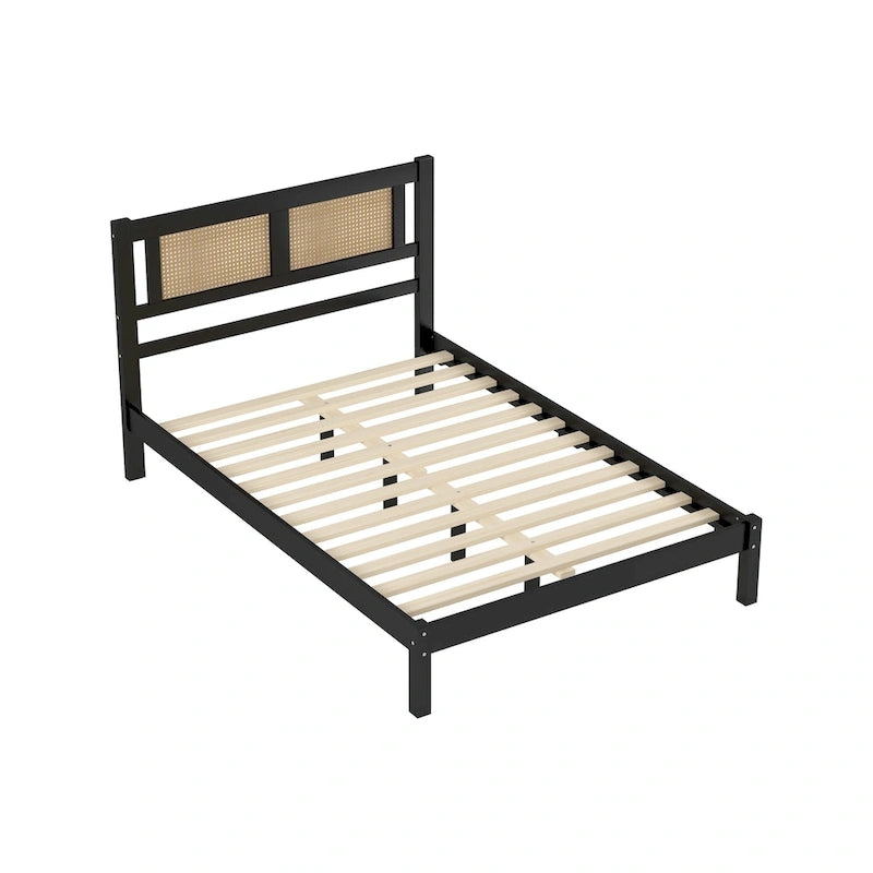 Modern Wooden Platform Bed with Natural Rattan Headboard