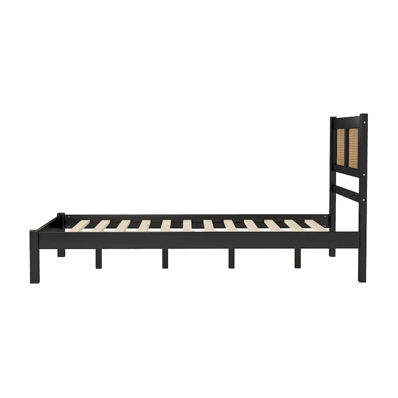 Modern Wooden Platform Bed with Natural Rattan Headboard
