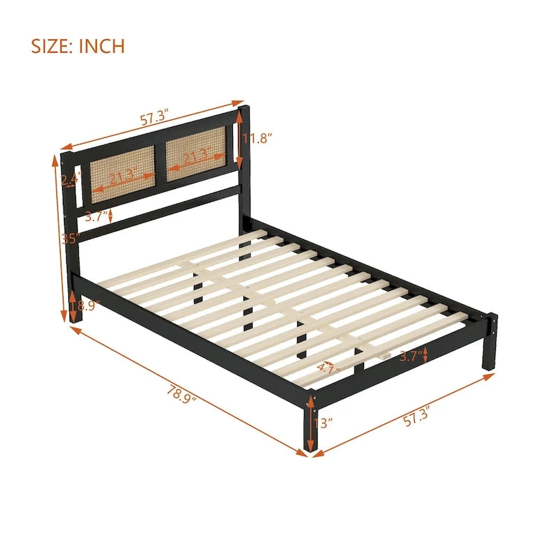 Modern Wooden Platform Bed with Natural Rattan Headboard