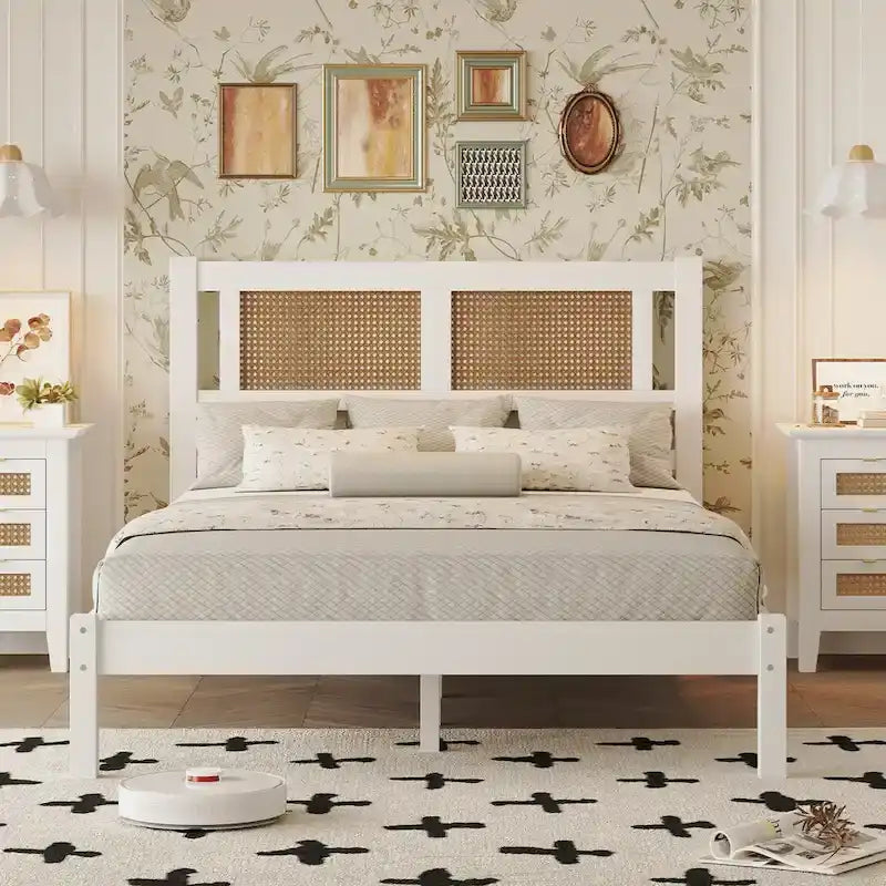 Modern Wooden Platform Bed with Natural Rattan Headboard