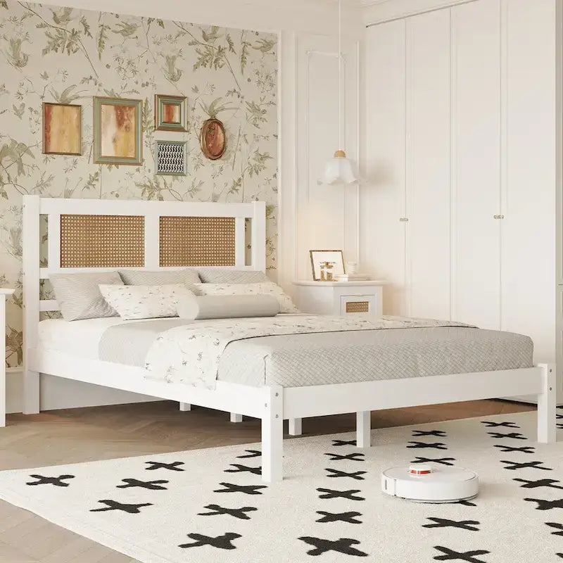 Modern Wooden Platform Bed with Natural Rattan Headboard