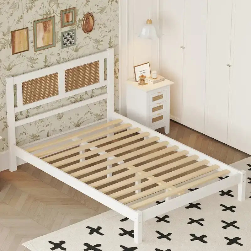 Modern Wooden Platform Bed with Natural Rattan Headboard