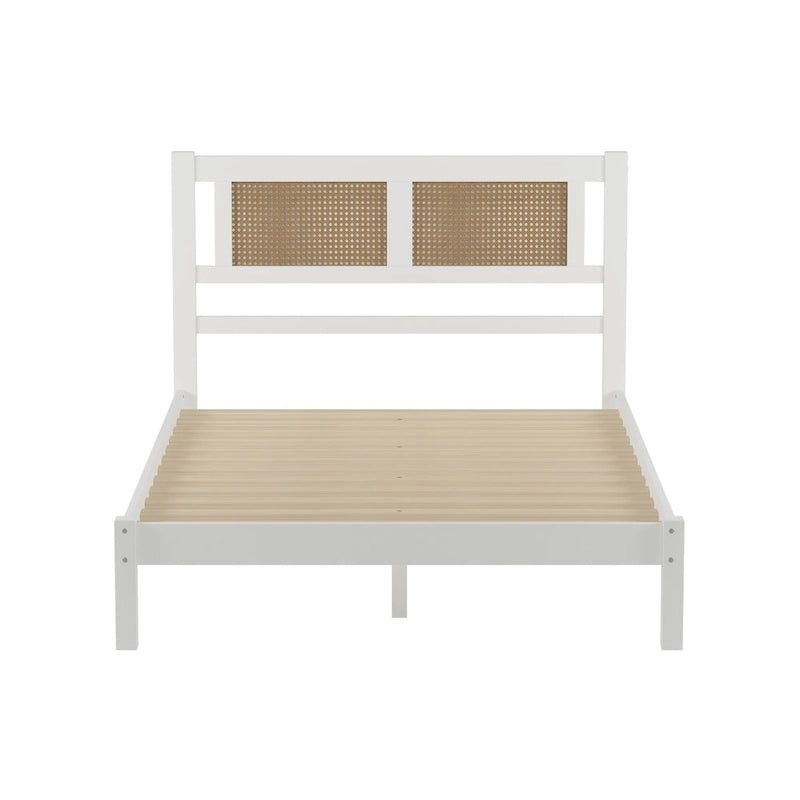 Modern Wooden Platform Bed with Natural Rattan Headboard