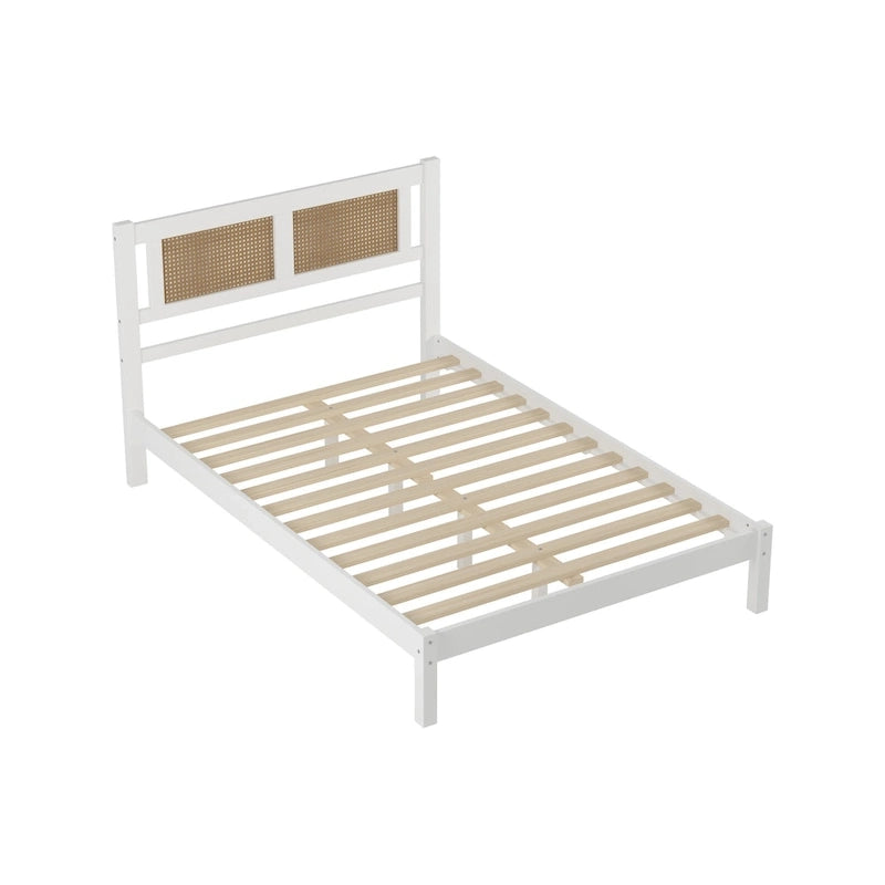 Modern Wooden Platform Bed with Natural Rattan Headboard
