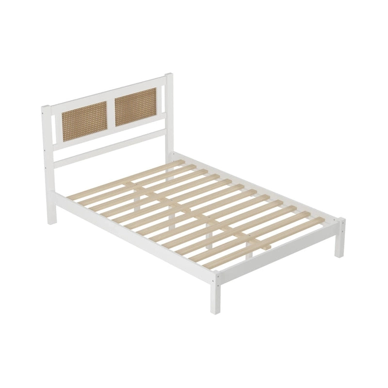 Modern Wooden Platform Bed with Natural Rattan Headboard