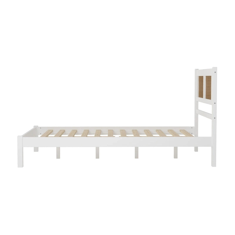 Modern Wooden Platform Bed with Natural Rattan Headboard
