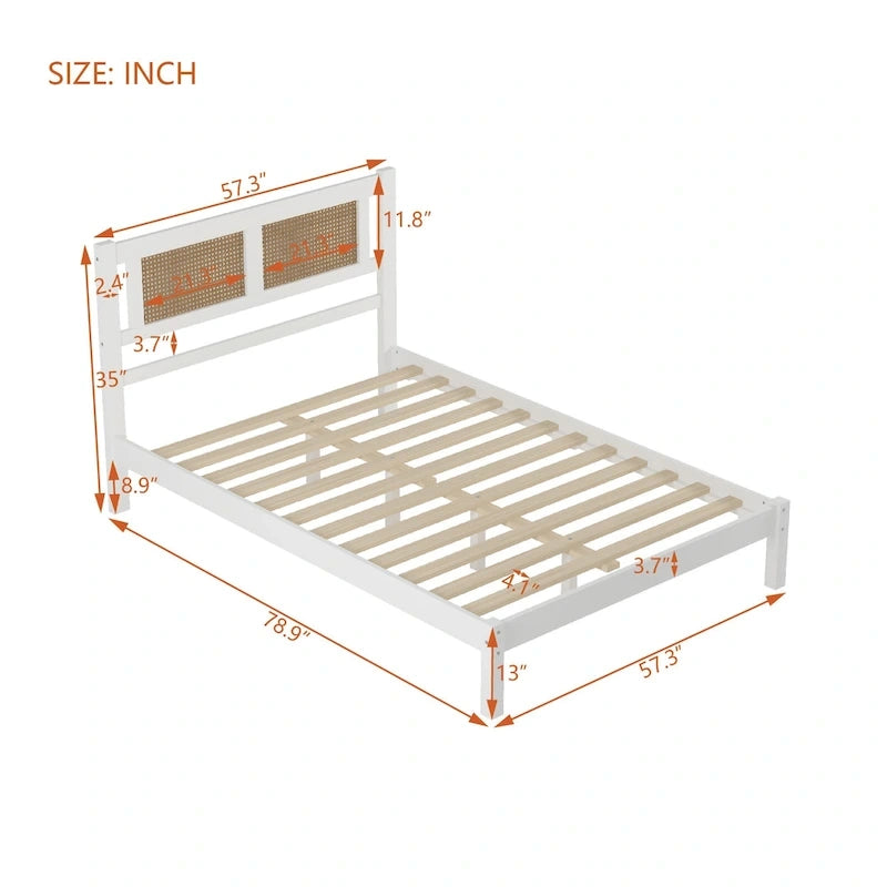 Modern Wooden Platform Bed with Natural Rattan Headboard