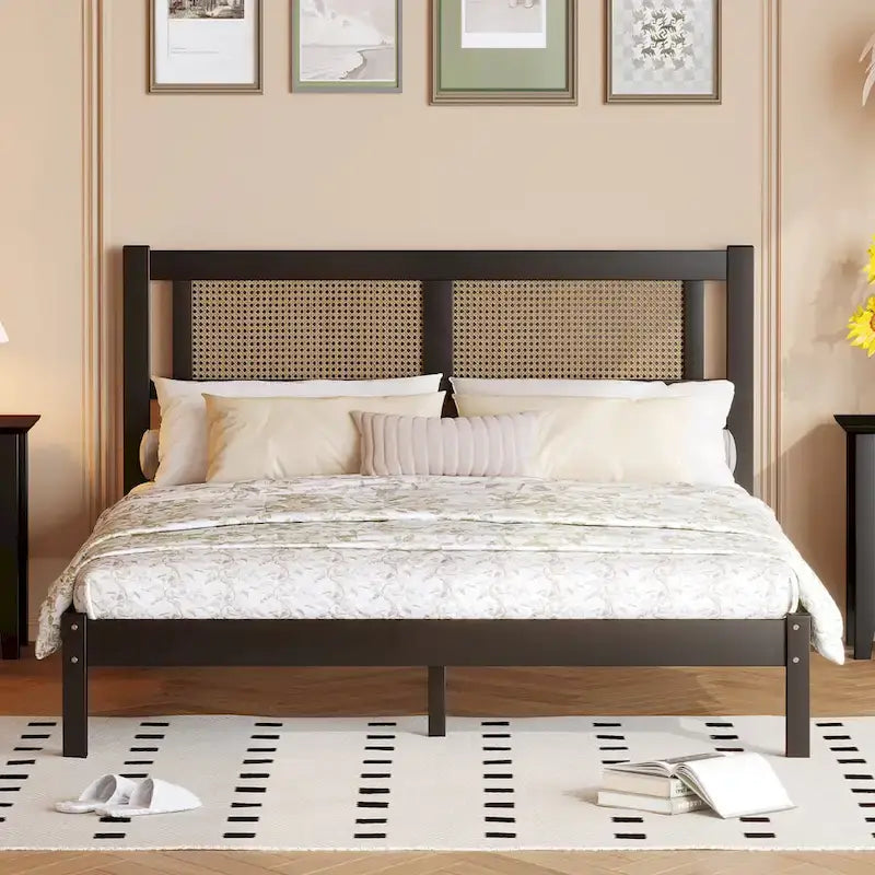 Modern Wooden Platform Bed with Natural Rattan Headboard