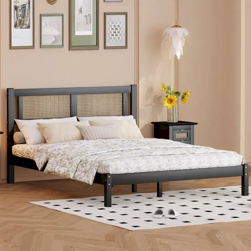 Modern Wooden Platform Bed with Natural Rattan Headboard