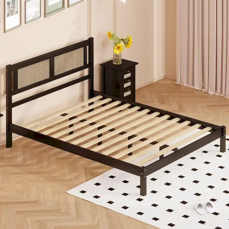 Modern Wooden Platform Bed with Natural Rattan Headboard