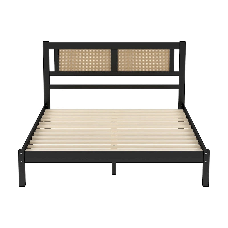 Modern Wooden Platform Bed with Natural Rattan Headboard
