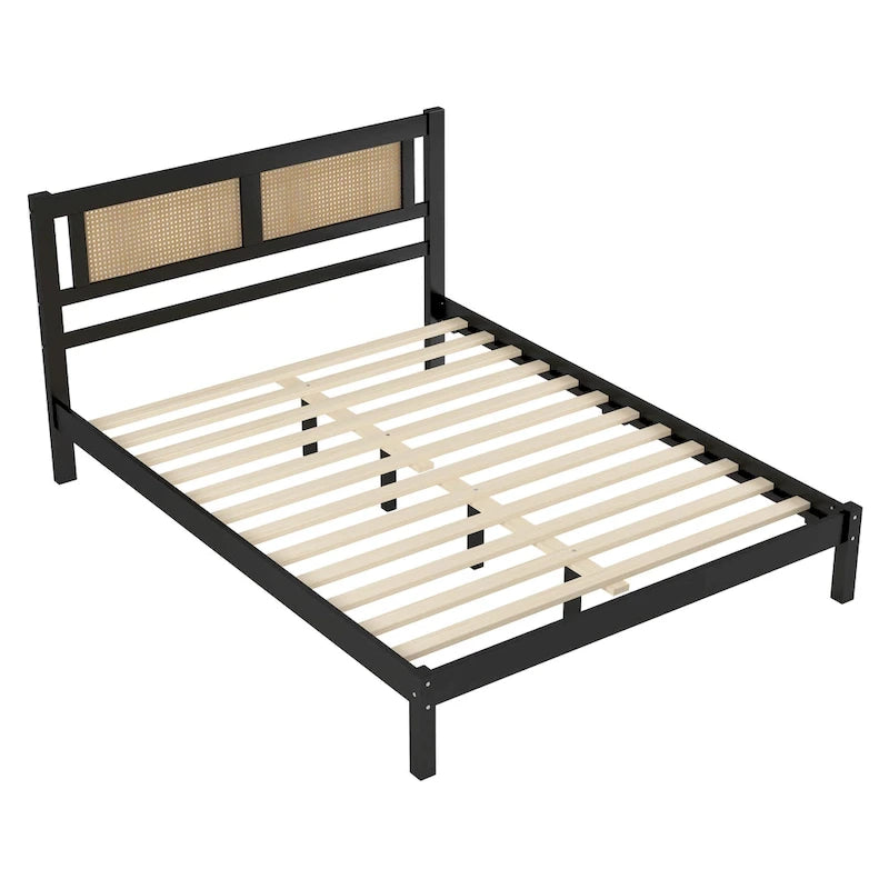 Modern Wooden Platform Bed with Natural Rattan Headboard