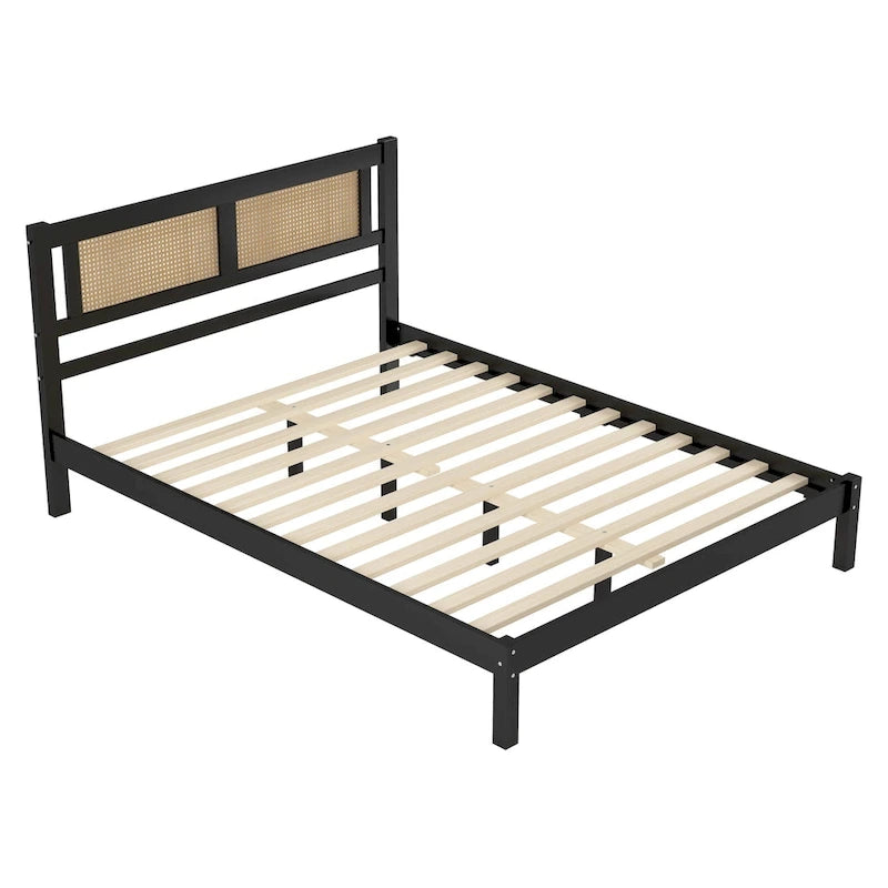 Modern Wooden Platform Bed with Natural Rattan Headboard
