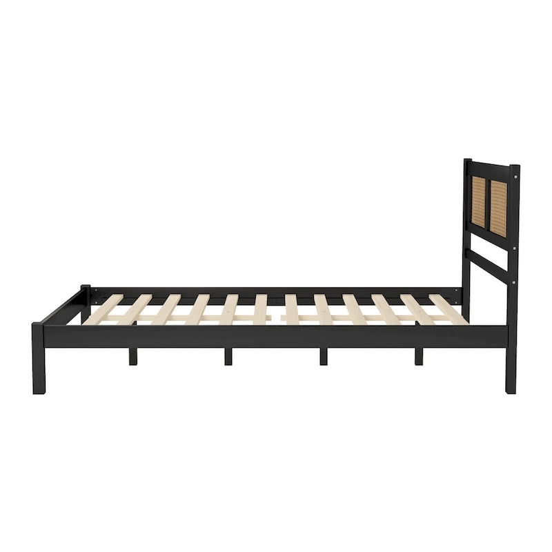 Modern Wooden Platform Bed with Natural Rattan Headboard