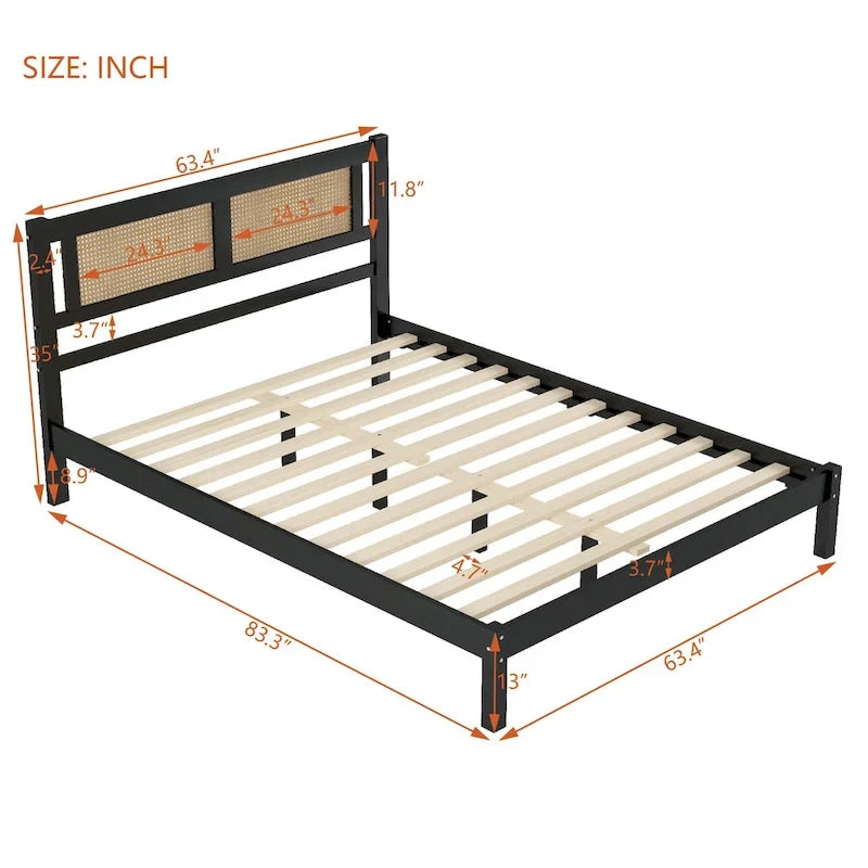 Modern Wooden Platform Bed with Natural Rattan Headboard