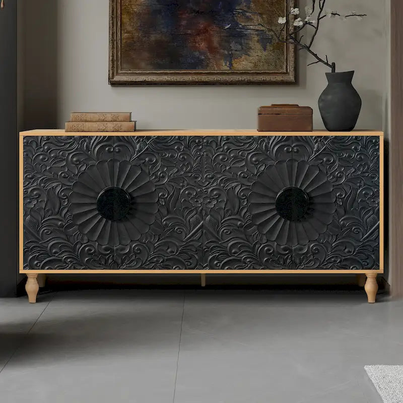Vintage Carved Door TV Stand with Wood Legs