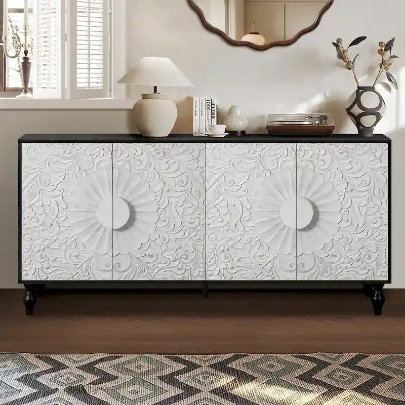 Vintage Carved Door TV Stand with Wood Legs