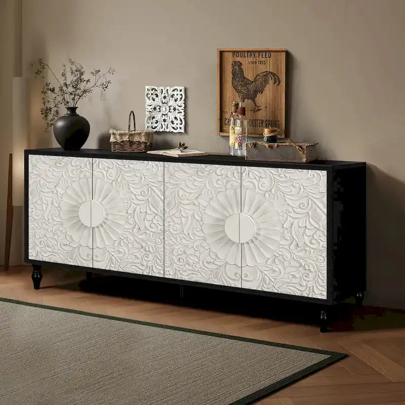 Vintage Carved Door TV Stand with Wood Legs