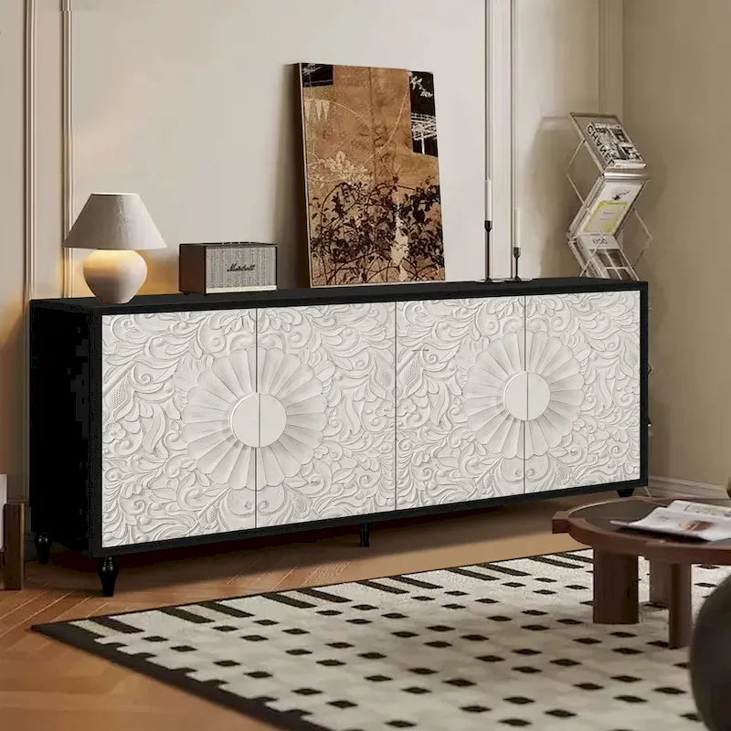Vintage Carved Door TV Stand with Wood Legs