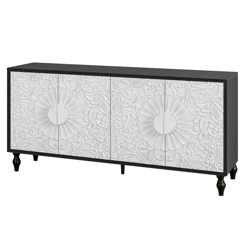 Vintage Carved Door TV Stand with Wood Legs