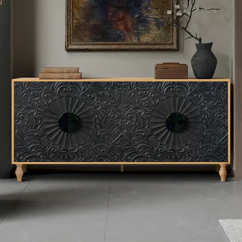 Vintage Carved Door TV Stand with Wood Legs