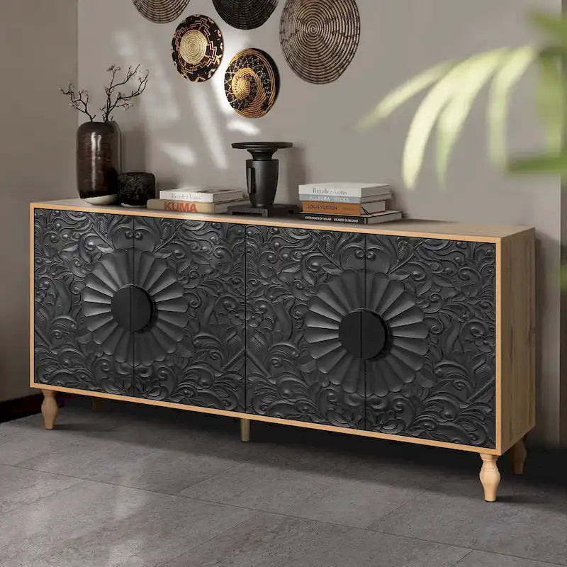 Vintage Carved Door TV Stand with Wood Legs