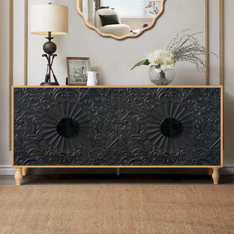 Vintage Carved Door TV Stand with Wood Legs