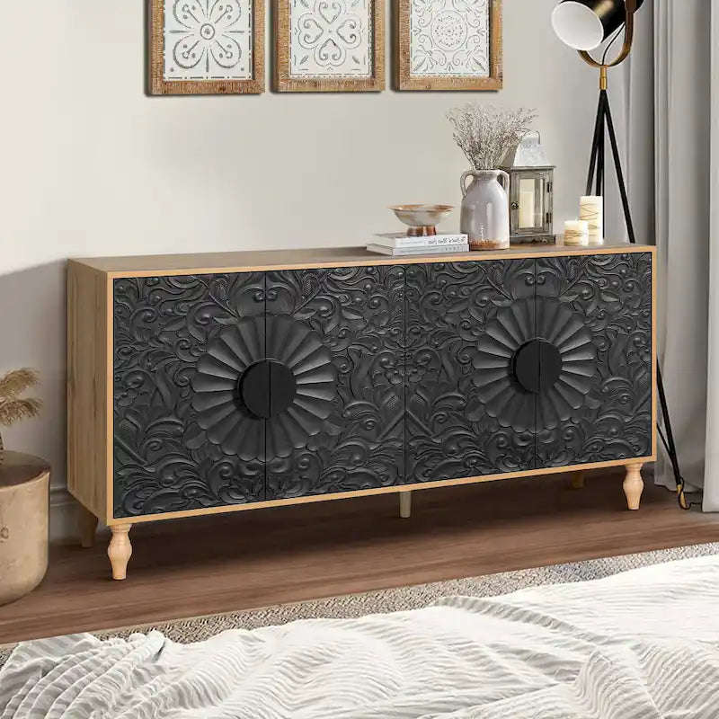 Vintage Carved Door TV Stand with Wood Legs