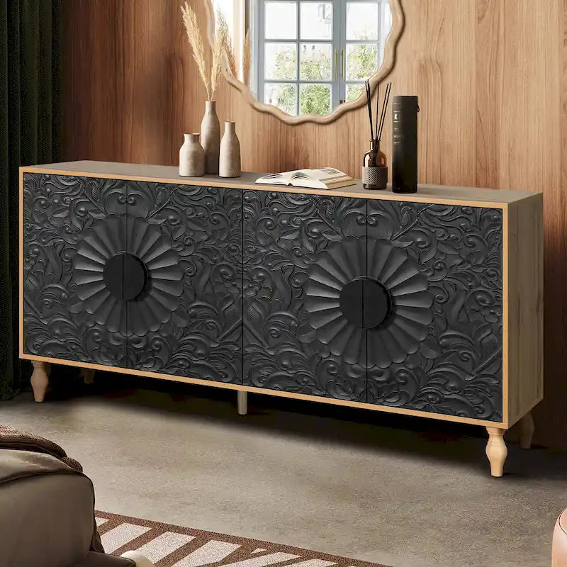 Vintage Carved Door TV Stand with Wood Legs