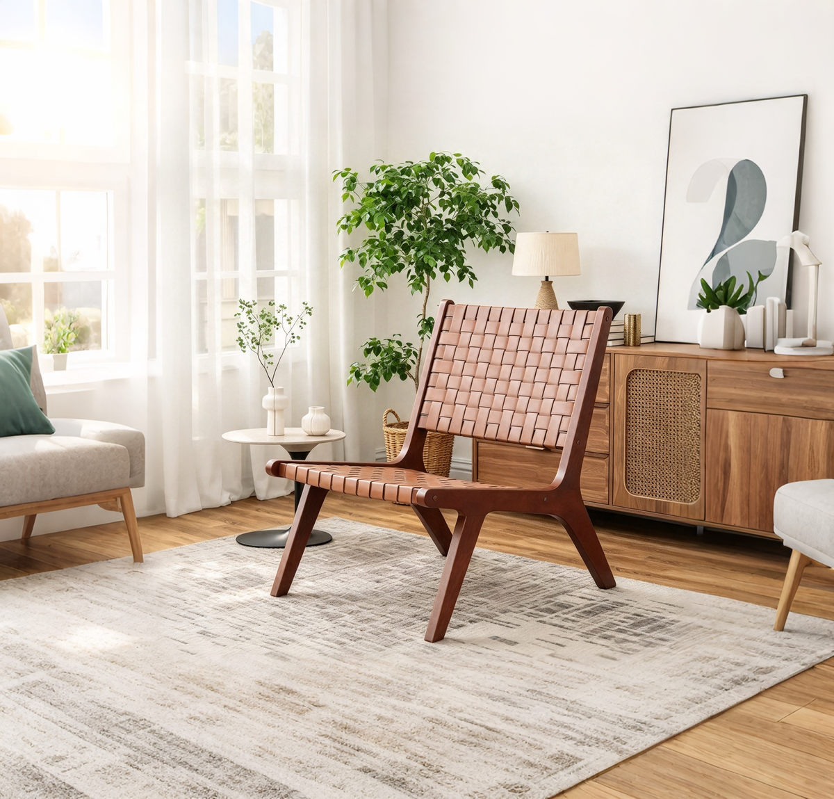 Fauteuils d’appoint en similicuir tressé avec cadre en bois