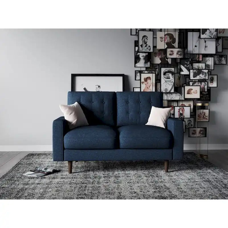 Mid-Century Velvet Loveseat with Wooden Frame and Plush Pillow Back