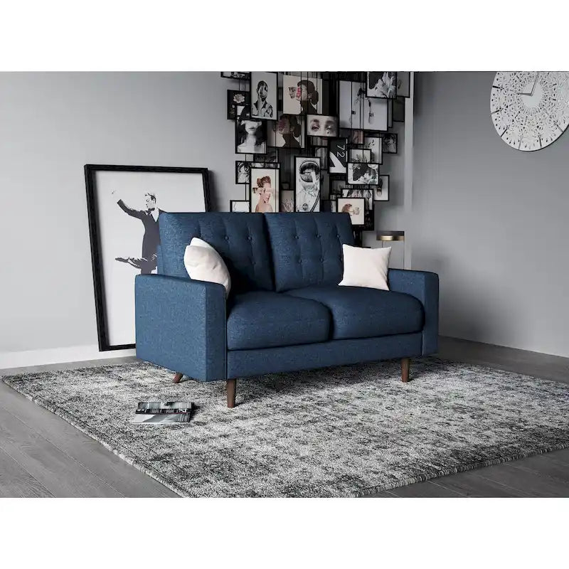 Mid-Century Velvet Loveseat with Wooden Frame and Plush Pillow Back