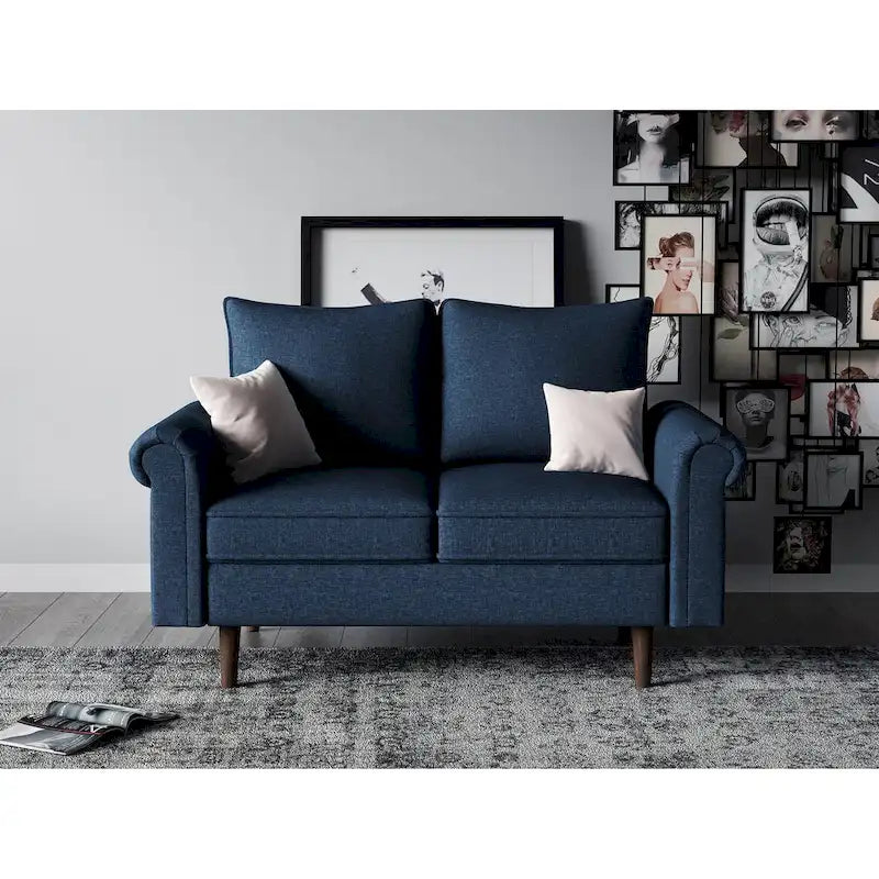 Mid-Century Velvet Loveseat with Wooden Frame and Plush Pillow Back