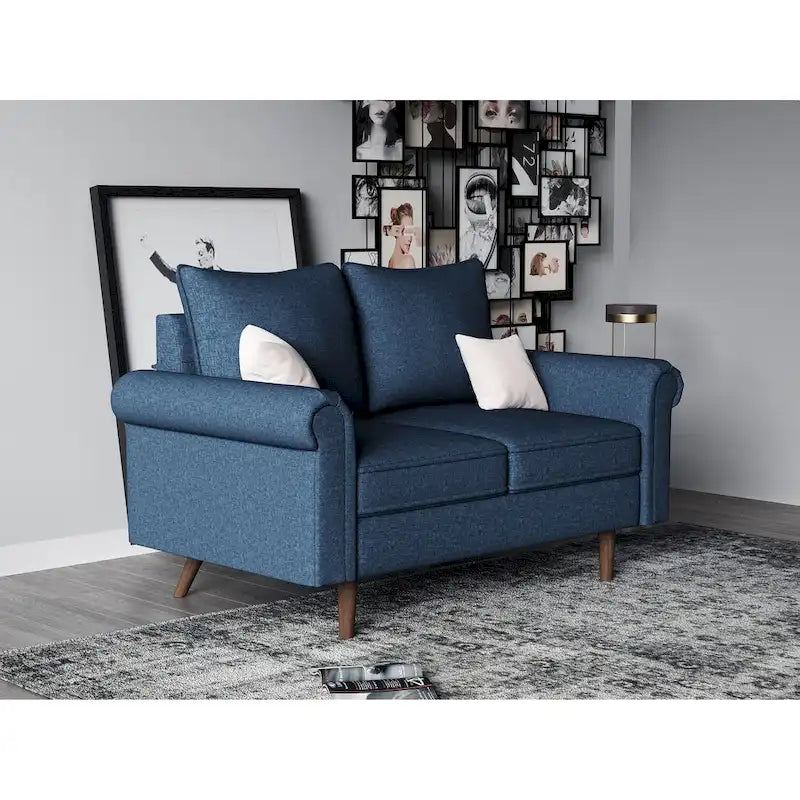 Mid-Century Velvet Loveseat with Wooden Frame and Plush Pillow Back