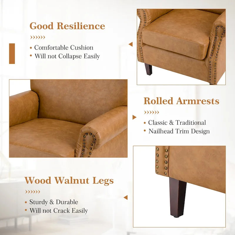 Vegan Leather Transitional Armchairs with Rolled Arms, Set of 2