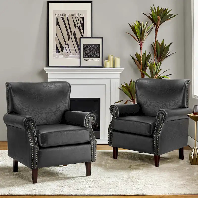 Vegan Leather Transitional Armchairs with Rolled Arms, Set of 2