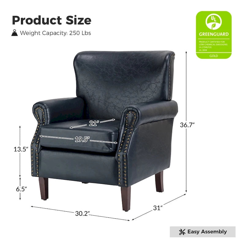 Vegan Leather Transitional Armchairs with Rolled Arms, Set of 2