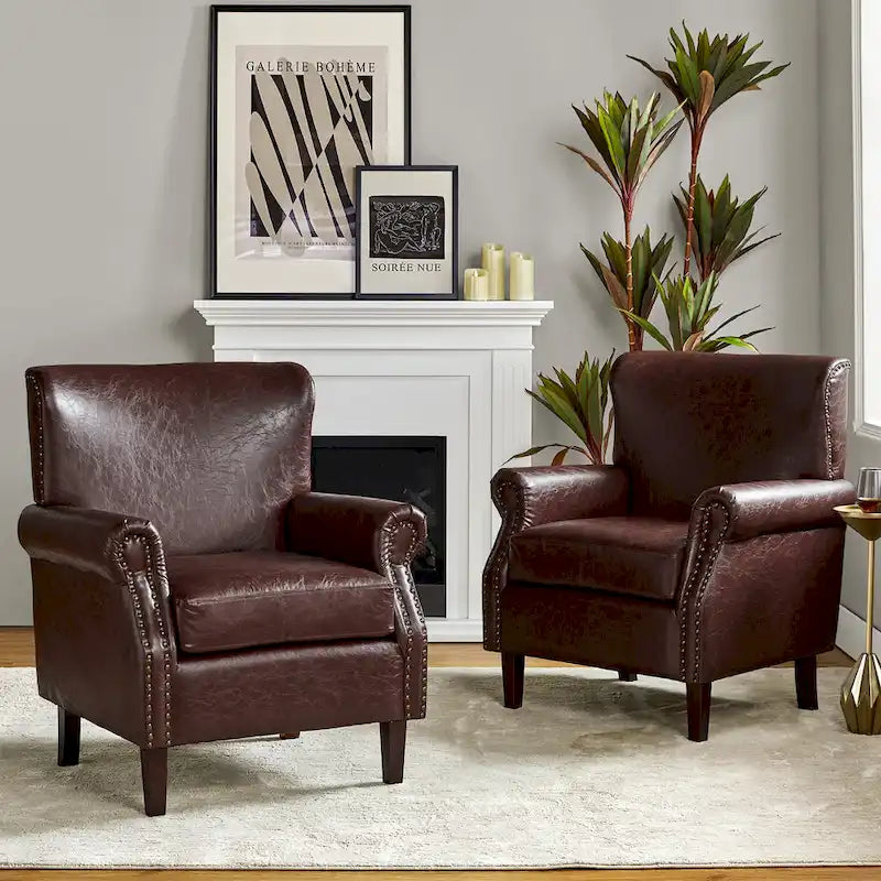 Vegan Leather Transitional Armchairs with Rolled Arms, Set of 2