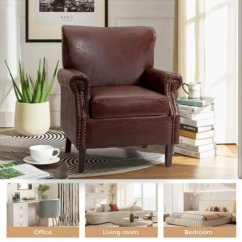 Vegan Leather Transitional Armchairs with Rolled Arms, Set of 2