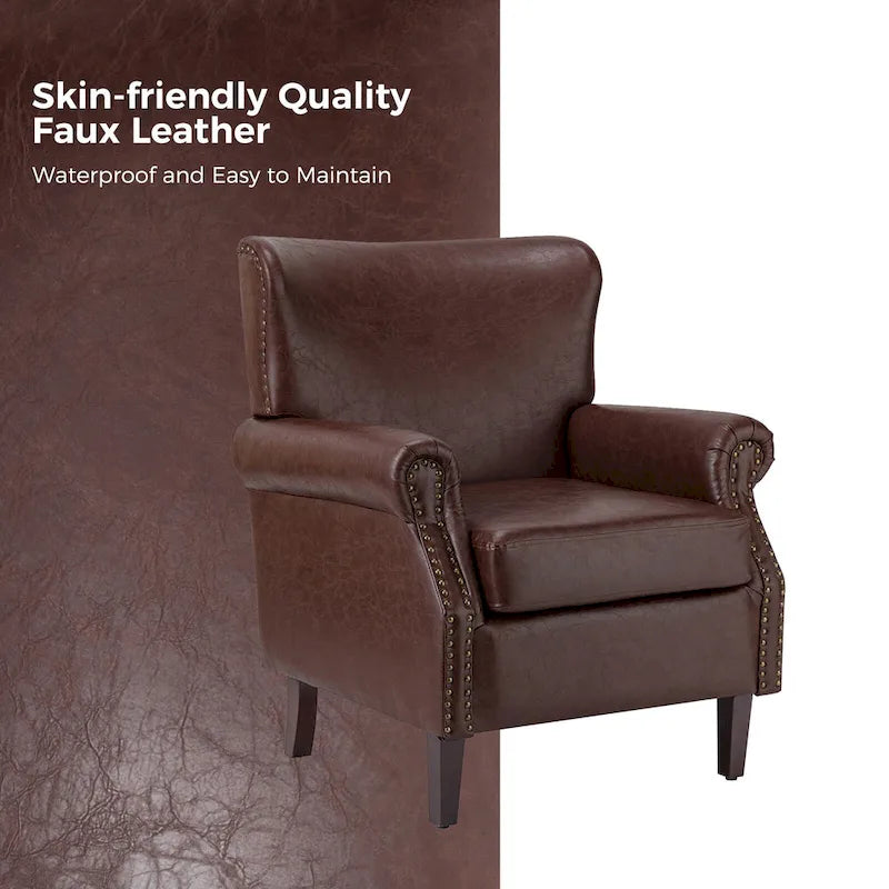 Vegan Leather Transitional Armchairs with Rolled Arms, Set of 2