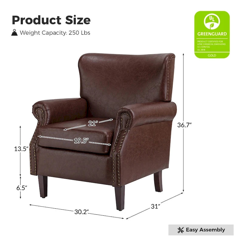 Vegan Leather Transitional Armchairs with Rolled Arms, Set of 2