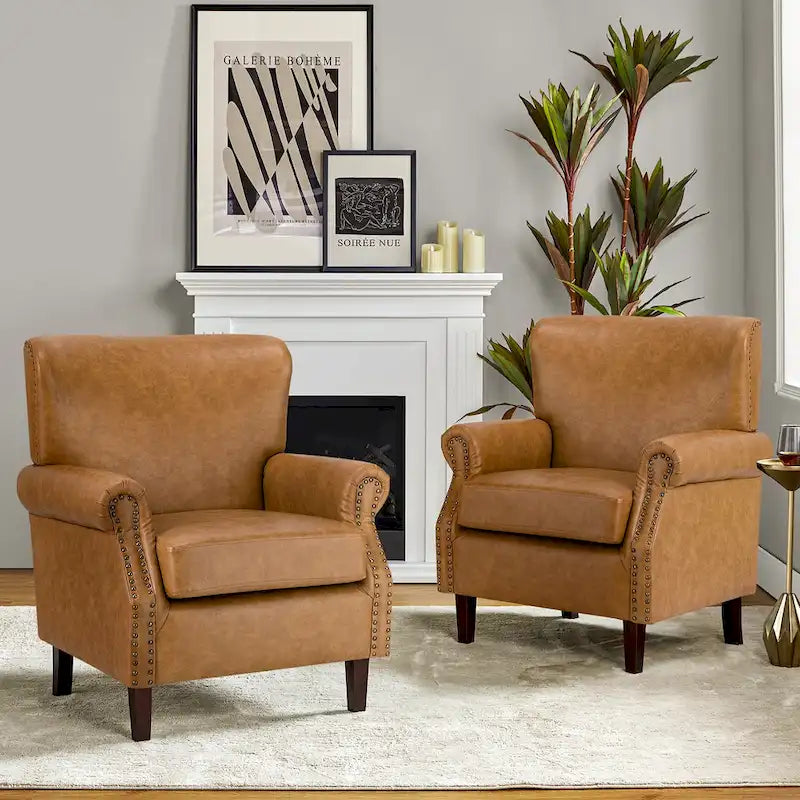 Vegan Leather Transitional Armchairs with Rolled Arms, Set of 2
