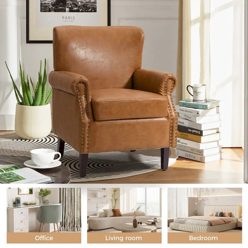 Vegan Leather Transitional Armchairs with Rolled Arms, Set of 2