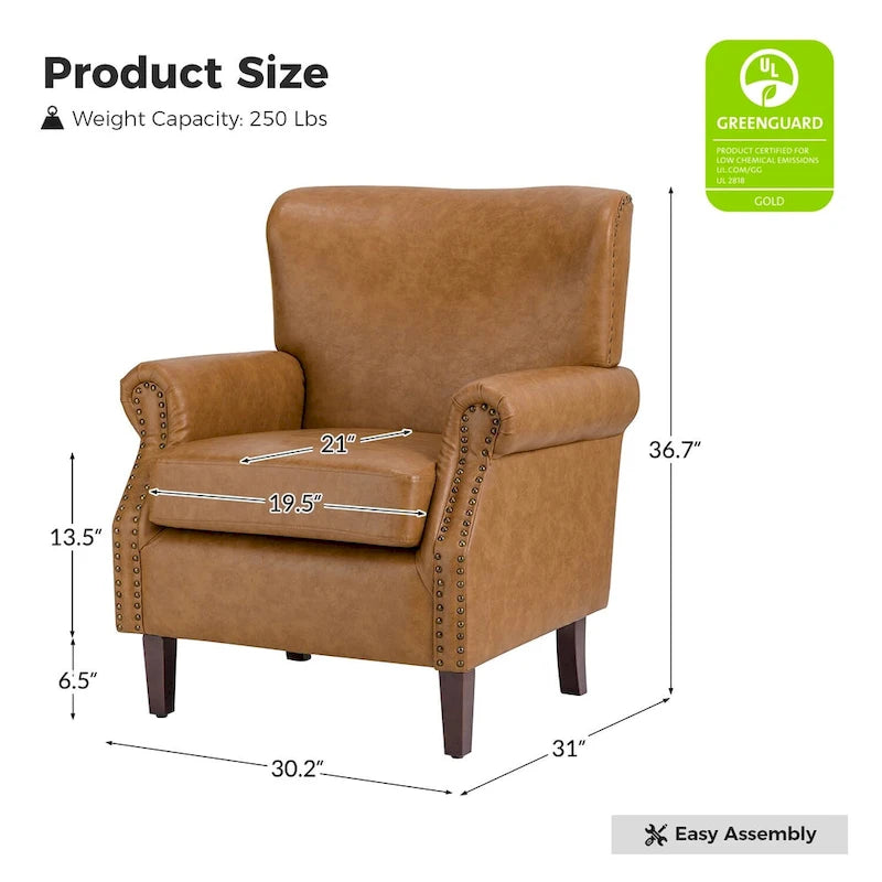 Vegan Leather Transitional Armchairs with Rolled Arms, Set of 2
