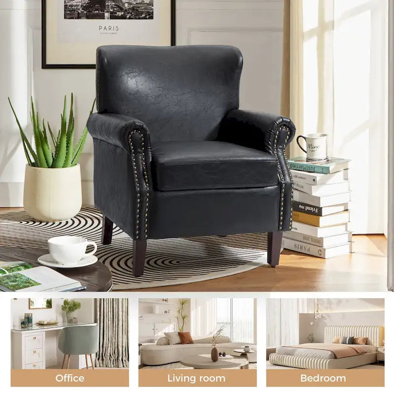 Vegan Leather Transitional Armchairs with Rolled Arms, Set of 2