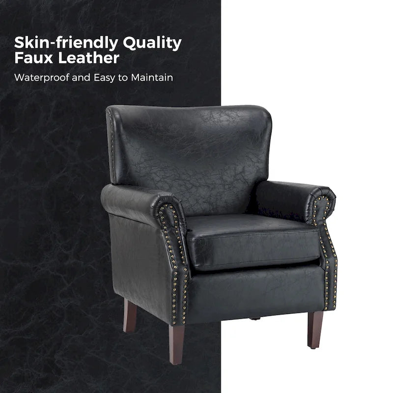 Vegan Leather Transitional Armchairs with Rolled Arms, Set of 2